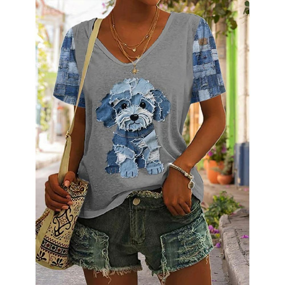 Women's T Shirt Graphic Animal Vintage Stylish Classic Short Sleeve V Neck Regular Tops Daily Print Woman Clothes Tops for Woman
