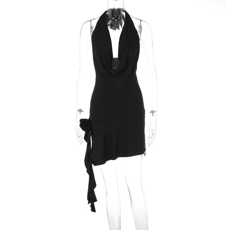 

Swing Collar Dress European and American Fashion Women s Wear New Arrival Stylish Swing Collar Shoelace Flower Decoration Dress Black L