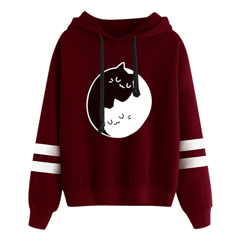 Women's  New Cat Loose Hooded Printed Pullover Long Sleeve Top
