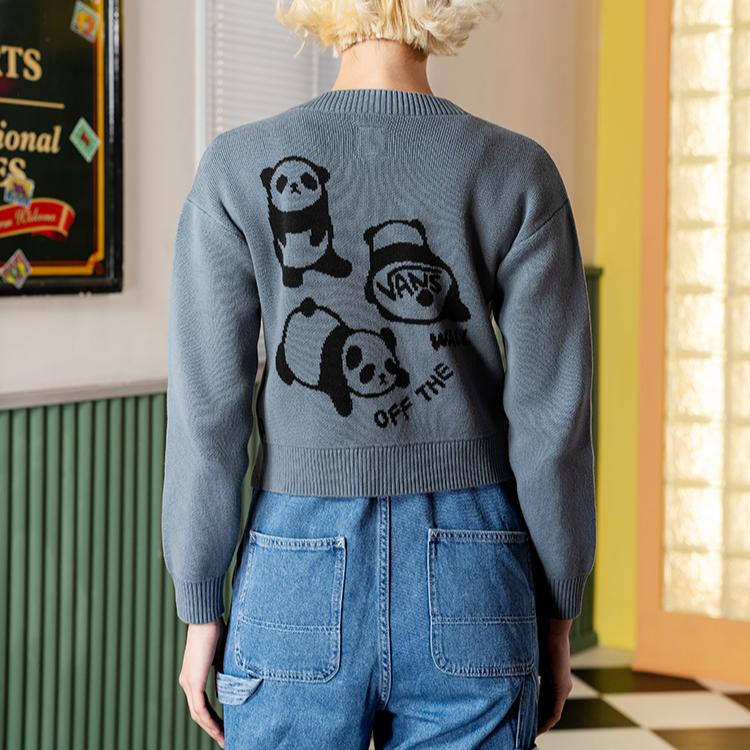 Vans Cardigan Panda Print Warm Comfortable Versatile Single-Breasted Long Sleeve Knit Sweater Women tops Gray Blue VN000NFBRV2