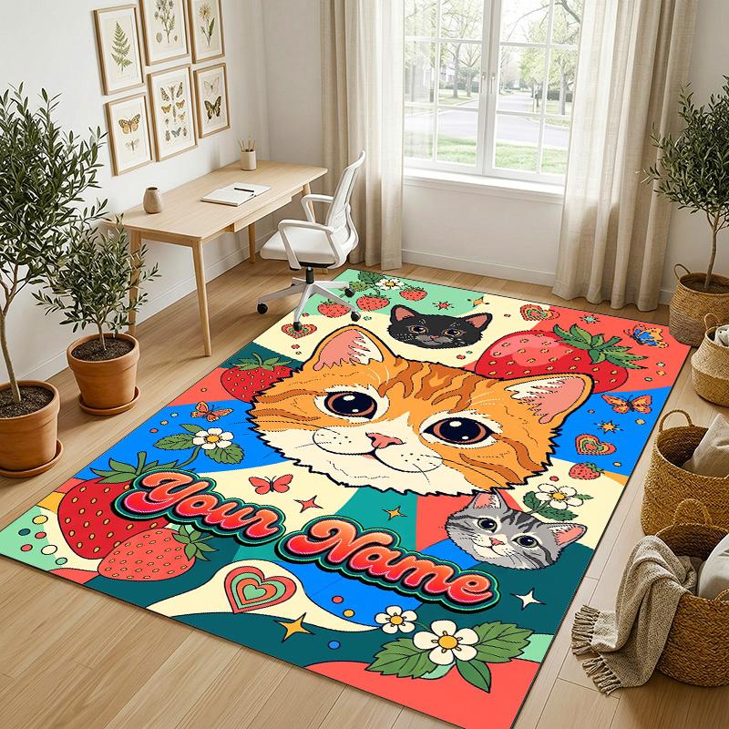 Cat Theme Crystal Velvet Rug Personalized Custom Name Text Soft Floor Mat Home Decor