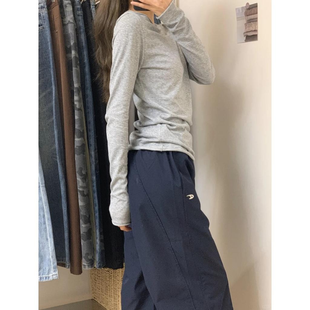 Grey thin sunscreen blouse women's early spring slim-fitting simple and slightly transparent long-sleeved T-shirt with top and bottom shirt