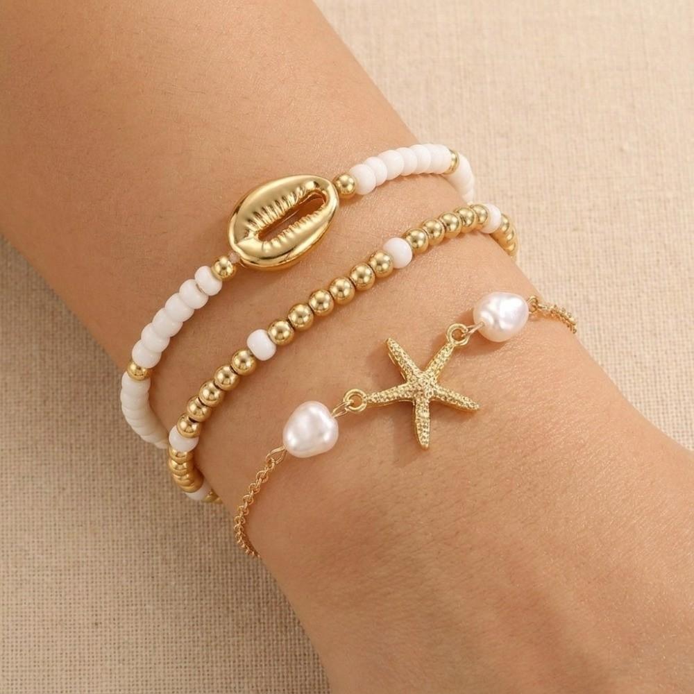 3Pcs Pearl Beaded Bracelet Set Stretch Multiple Layers Bracelet Dainty Shell Bracelet Set Party