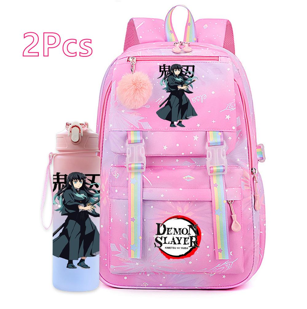 2Pcs/set Anime Cartoon Demon Slayer Printed Backpack with 750Ml Water Bottler for Teenager Bookbag Large Capacity Waterproof Travel Bag Gift