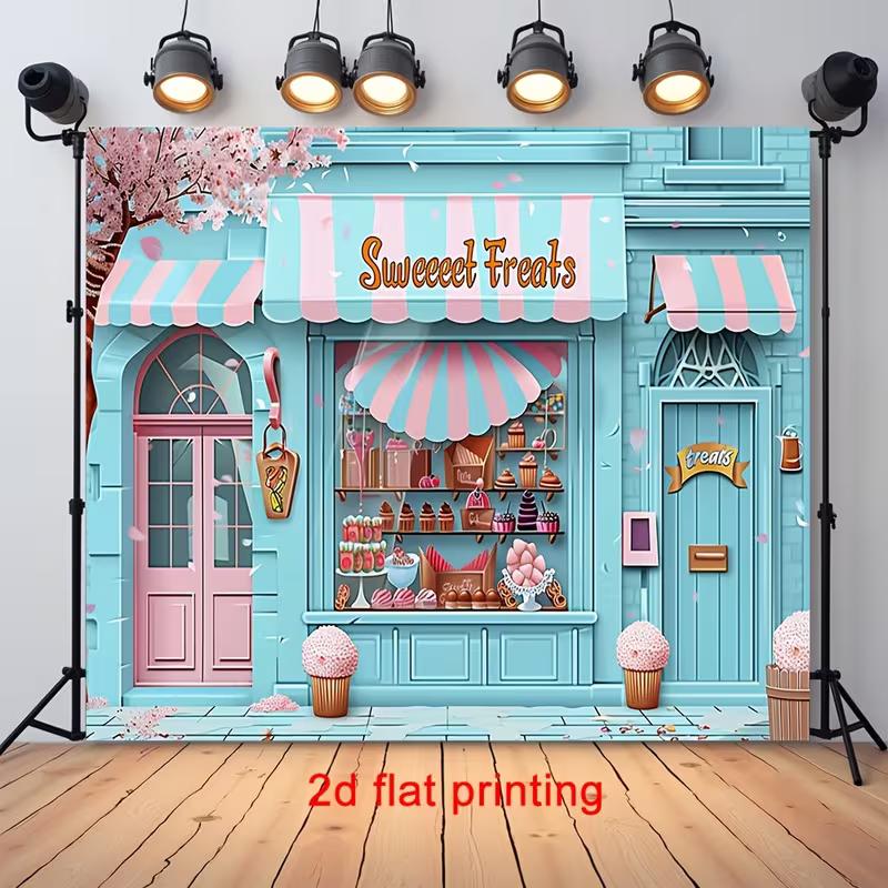 2D Aesthetic Candy Store Backdrop, Cute Pastry Shop Tapestry for Sweet Themed Party