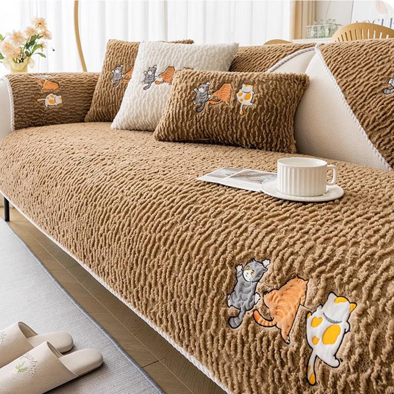 Soft Cotton Velvet Cartoon Embroidery Sofa Mat  Autumn Winter New Thickened Plush Anti Slip Leather Sofa Cushion Sofa Cover