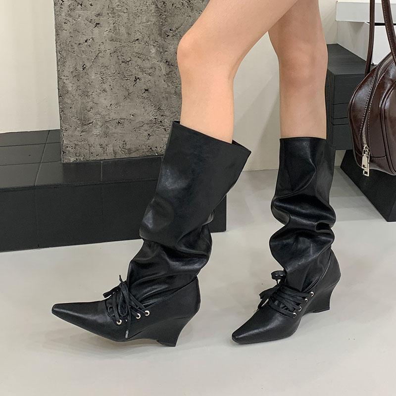 Fashion Shoes With Wedges Women Knee High Boots Female Slip On Shoes Fashion Pointed Toe Party Ladies Long Modern Boots Pumps