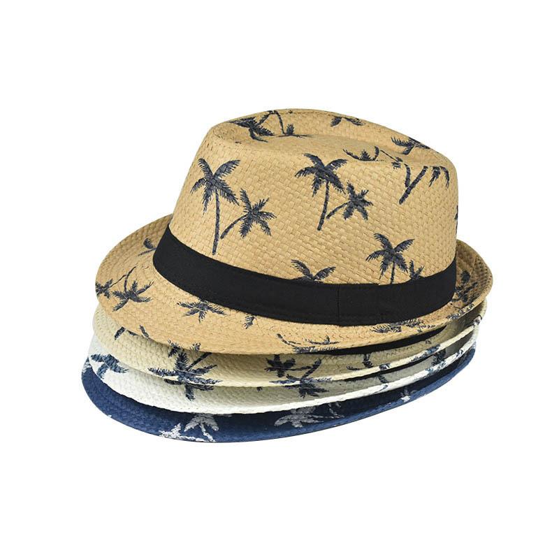 Summer braided sunshade top hat Men's coconut tree printed beach sunscreen hat Small brim paper jazz hat Sunscreen sun hat
