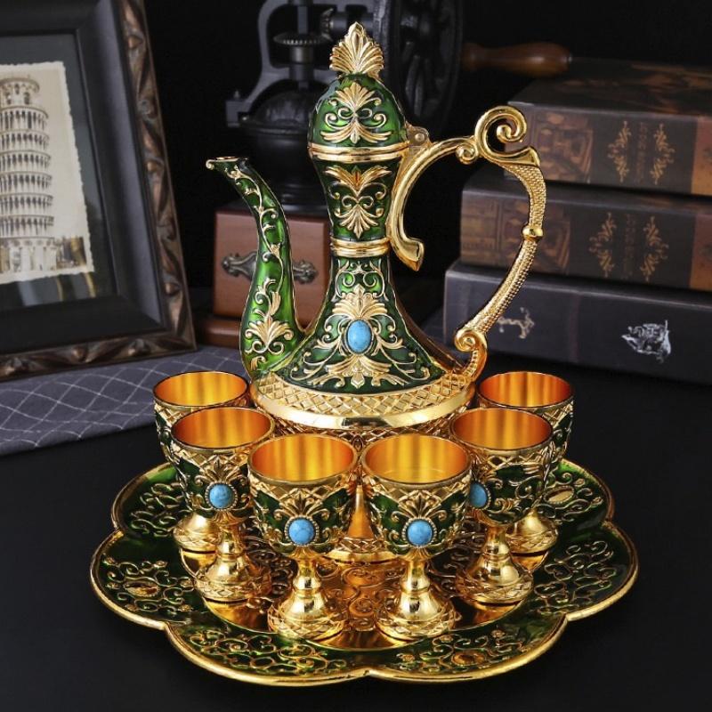 European Wine Set, Alloy Home Wine Pot Wine Glass Set, Exquisite Vintage Wine Glass, Wine Pot Home Living Room Decoration, 1Set