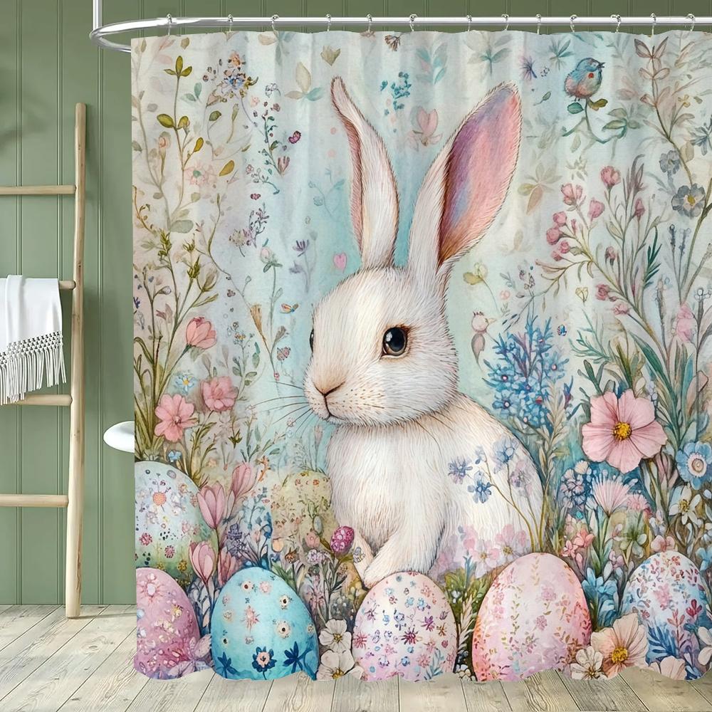 Paaseieren Douchegordijn, Schattig Konijn Bedrukt Badkamer Decoratief Douchegordijn, Stof Huis Gordijn met Haken