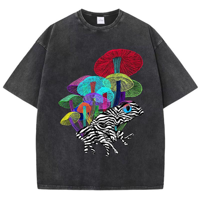 Neon Style Frog With Mushrooms Print Women Washed T-Shirt Loose O-Neck T Shirts Cotton Clothes Vintage Short Sleeves
