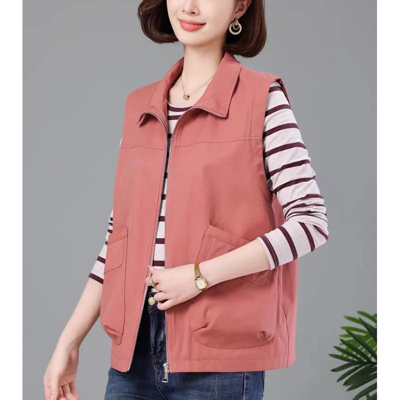 Casual Khaki Short Women's Vest Oversize Liner Sleeveless Jackets 2024 Spring Autumn Zipper Basic Waistcoat Female Outerwear