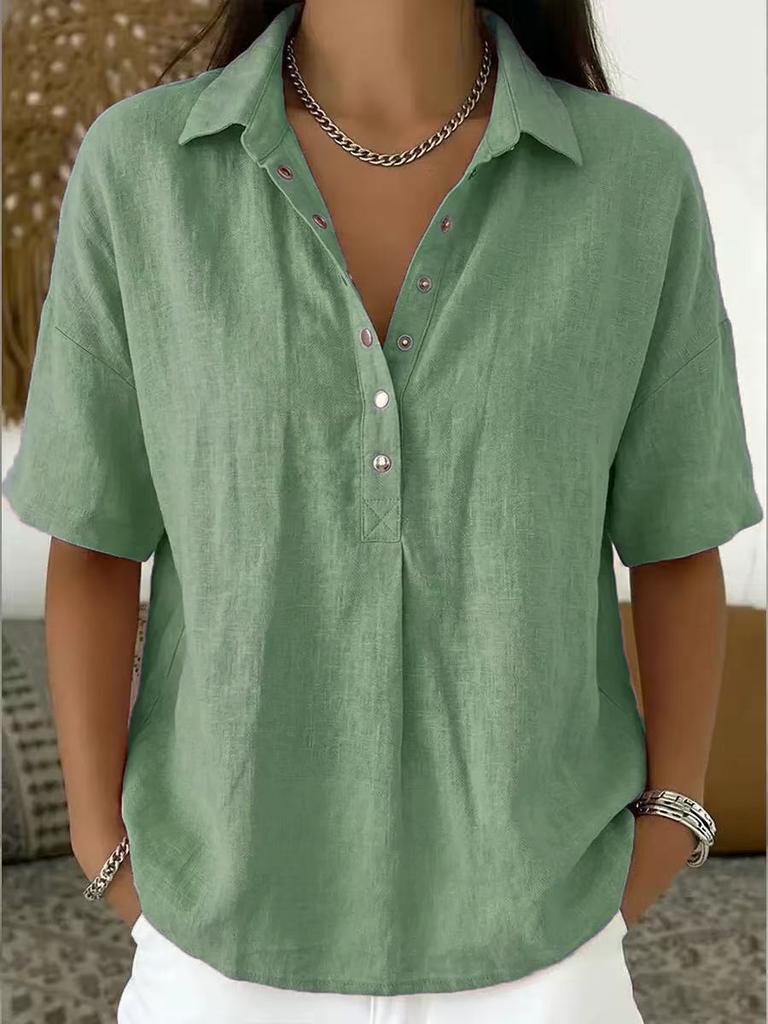Women Loose Solid Color Lapel Short Sleeve Casual Shirt