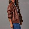 Women's Vintage Faux Leather Bomber Jacket Drop Shoulder Loose Fit Casual Street Coat