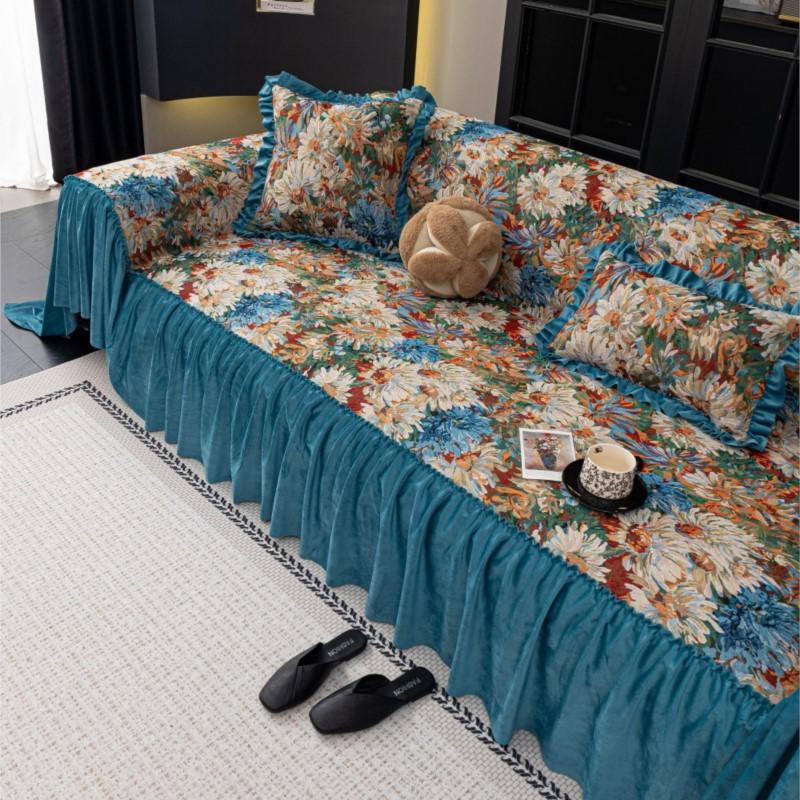 French Ruffled Edge Mat Aesthetic Anti-Slip Cooling Flower Printed Couch Cushion Mats Autumn Universal Chenille Sofa Cover