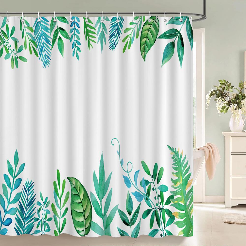 1 pack of Green leaf plant pattern polyester shower curtain bathroom partition curtain with hooks home decorative curtain