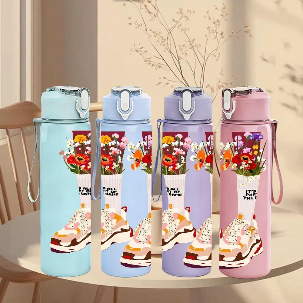 1PC Colorful Patterned Socks Retro Fun Art Print 750ml Color Plastic Sports Water Bottle Leakproof Flip Straw Lid Suitable for Sports Office Home Use