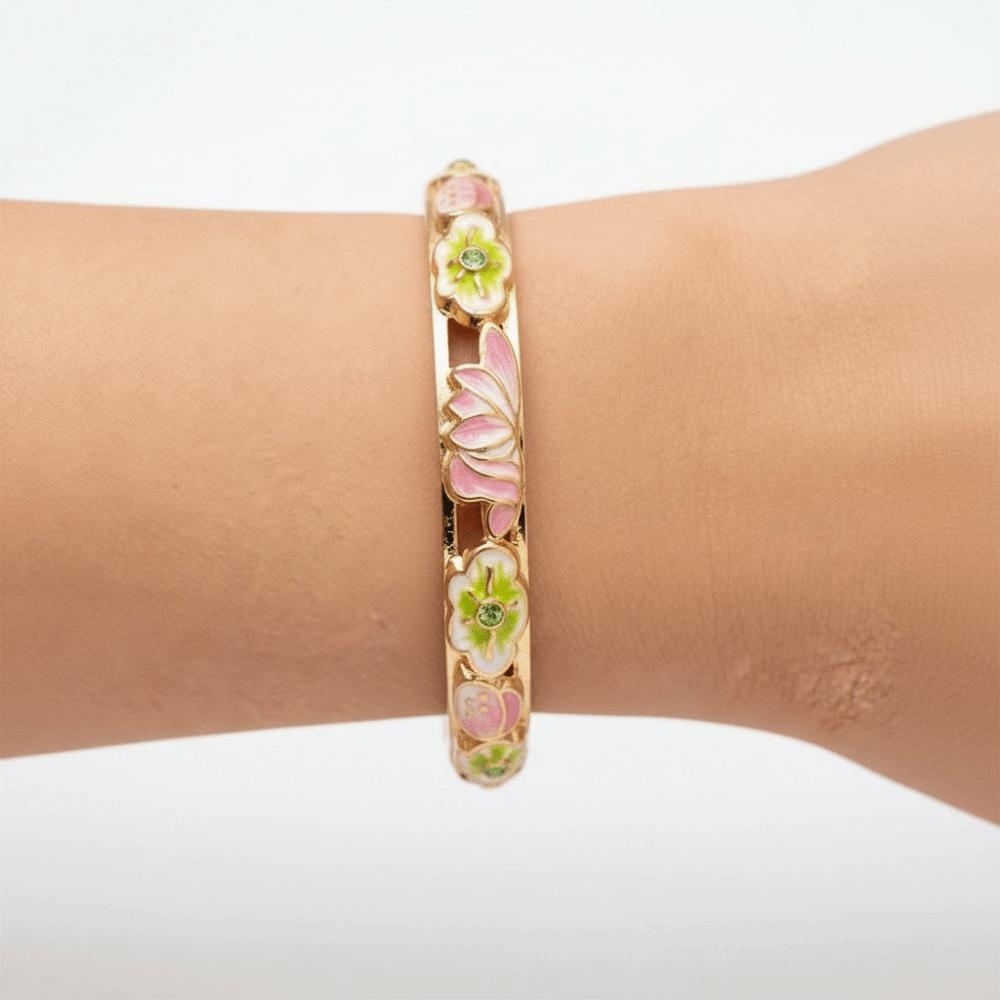 Gold Plated Enamel Floral Bangle Chinese Style Cloisonne Bangle Women's Flower Bracelet  Ladies