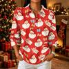 Women's Casual Christmas Print Collared Top with Button Front and Three-Quarter Sleeves