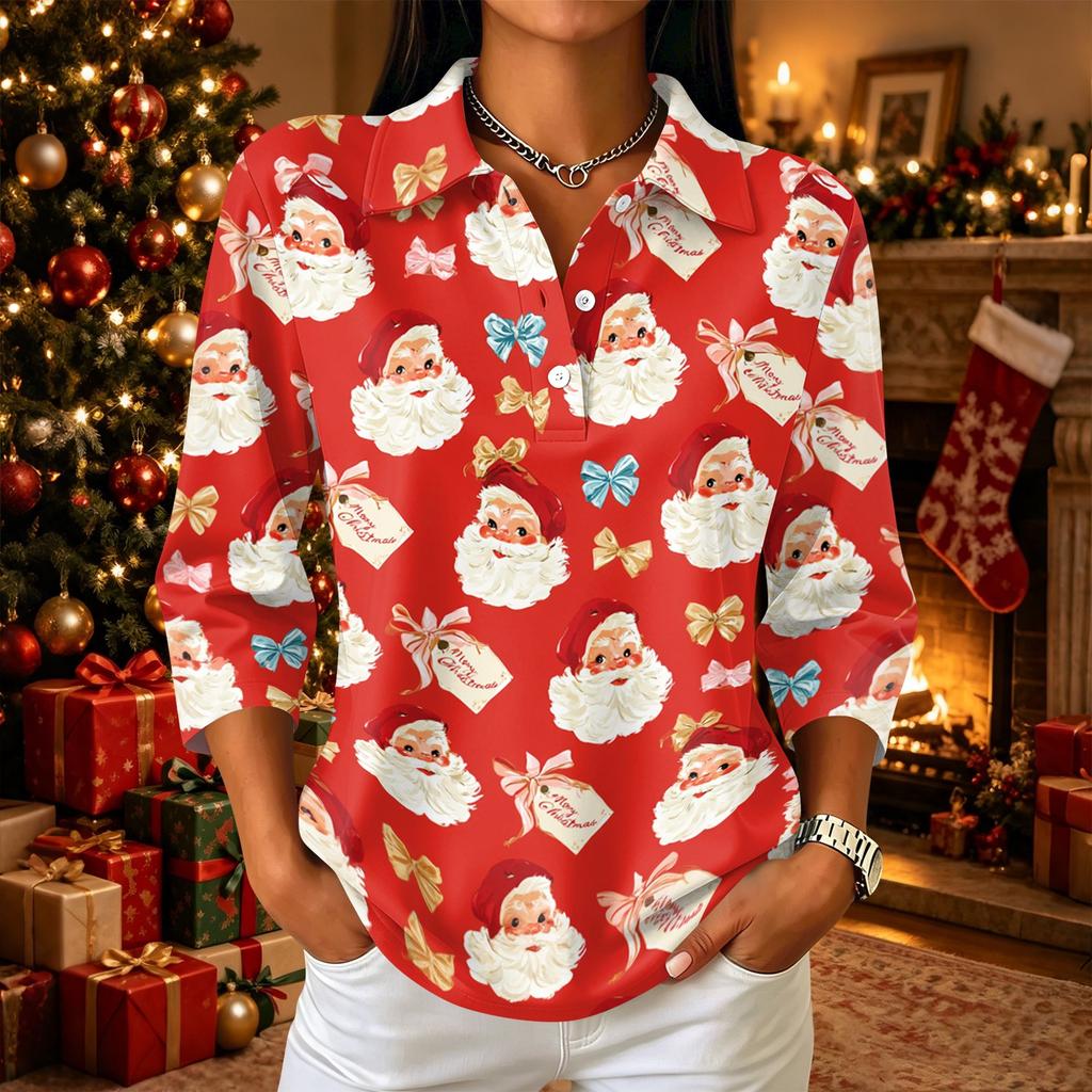 Women's Casual Christmas Print Collared Top with Button Front and Three-Quarter Sleeves