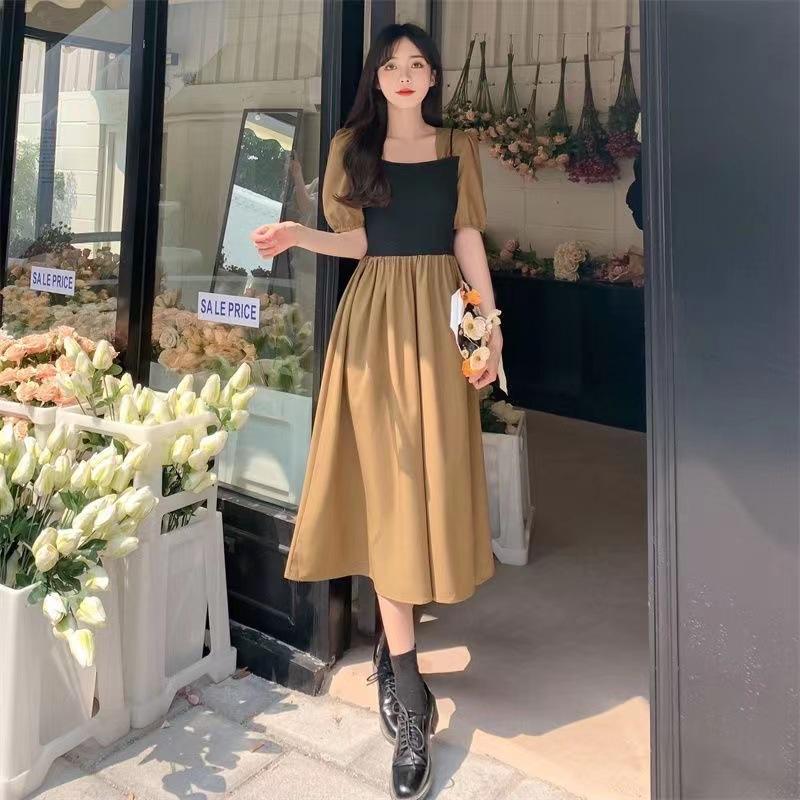 Summer New French Retro Temperament Square Neck Skirt Loose and Thin Fake Two Medium and Long Dresses for Women