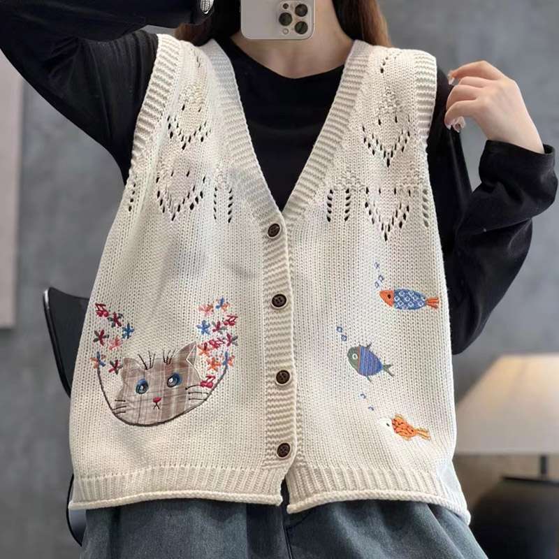 Women's Knitted Vest with Kitten and Fish Embroidery Loose Cardigan Top