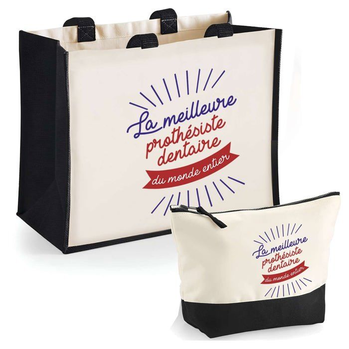Duo cabas jute et trousse Prothésiste Dentaire meilleure du Cadeau Anniversaire Noël | Sac de courses Pochette Maquillage Shopping