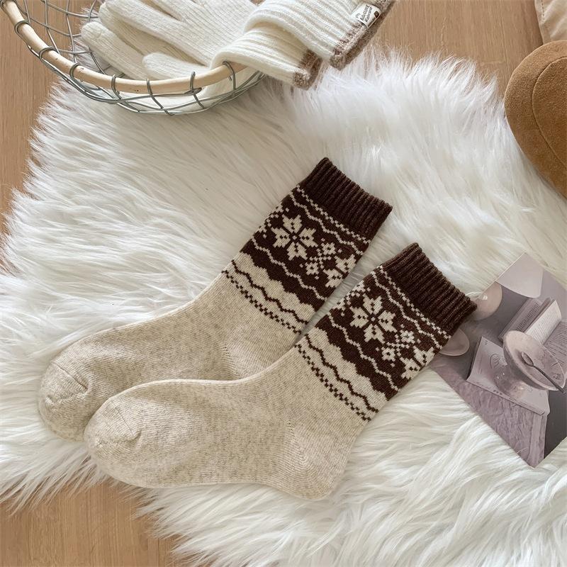 Dicke warme Retro-Streifen Kontrastfarbe Schneemuster Woll-Frottee Socken für Damen