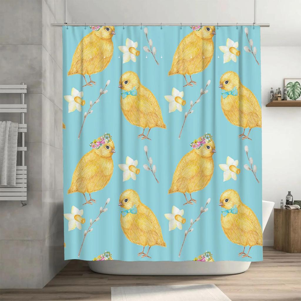 Charming Yellow Chicks Spring Flowers Shower Curtain Blue Print Decorative Home Bathroom Liner Set with Rod