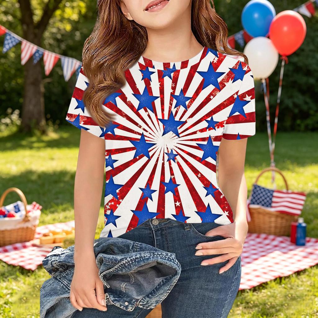 Girls Short Sleeve T Shirt Independence Day Printed Top Star Pattern Casual Tee Shirt for Kids Comfortable Fit Soft Fabric