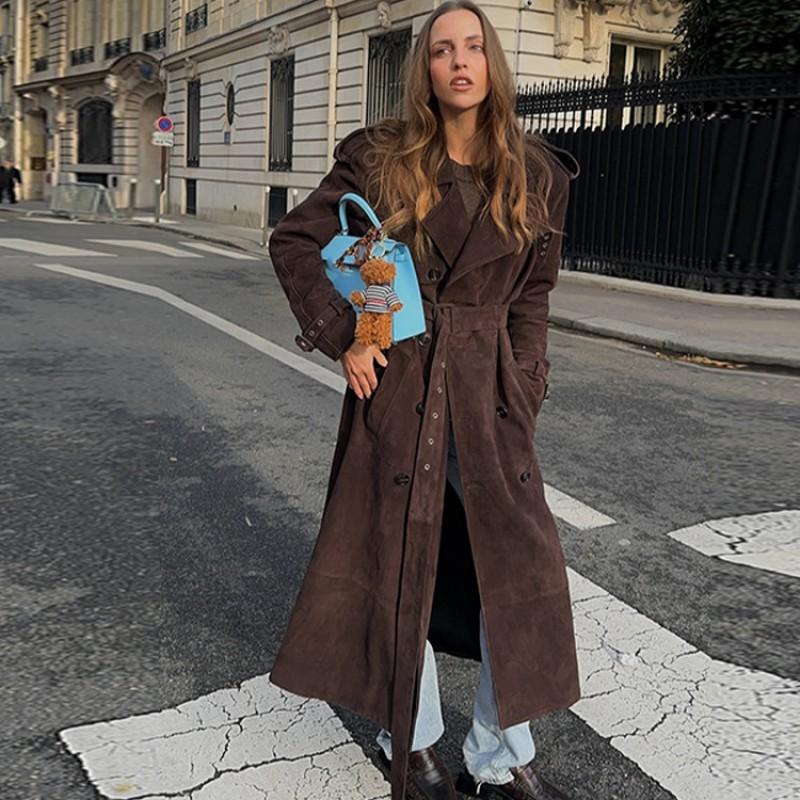 Womens Long Brown Suede Coat Oversized Casual Trench Winter Stylish Loose Fit