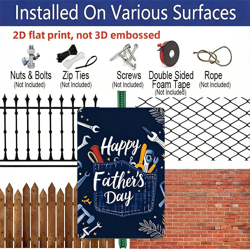 2D Flat, 1pc Denim Pocket Tools Father's Day Metal Wall Art Sign "Happy Father's Day" - 8*12 Inch Aluminium Rustic Garage Decor, Workshop Style Wall
