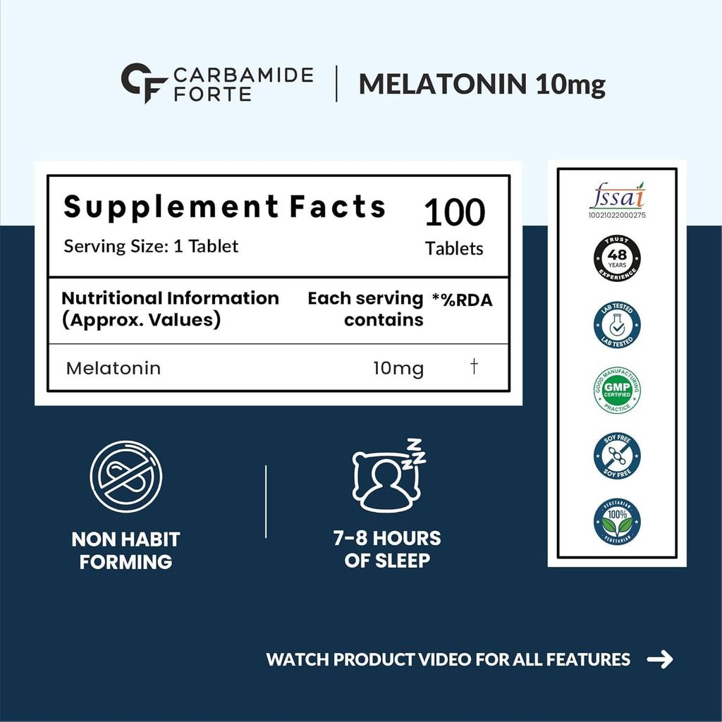 Carbamide Forte Melatonin 10 mg Sleep Supplement for Restful Deep Sleep 100 Veg Tablets