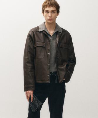 Noirer Leather Padded Shirt Jacket (Brown)