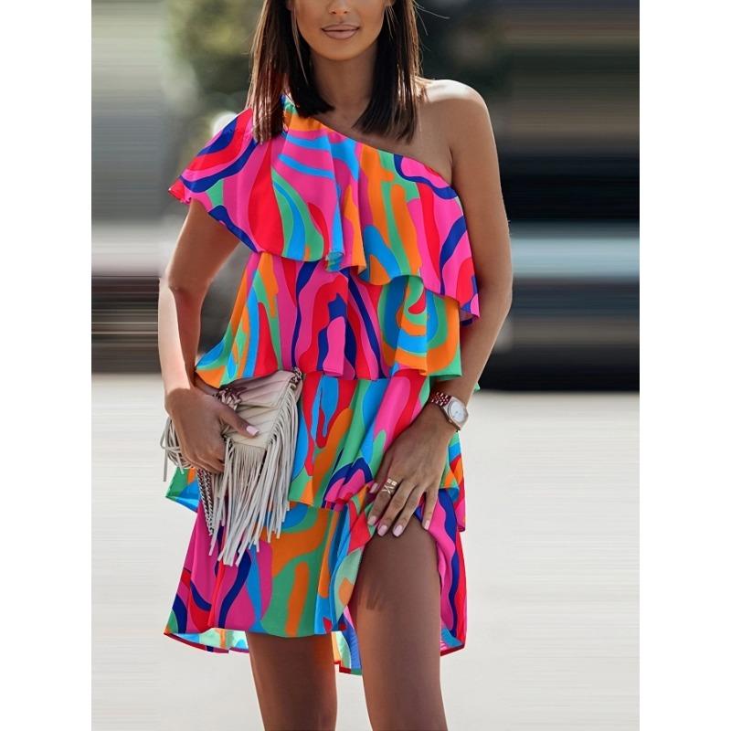 

Новое летнее платье с открытыми плечами, с принтом, в стиле колор-блокинг, с оборками, модное, повседневное XXL розовый