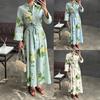 Women's Floral Printed Collared Long Sleeve Belted Maxi Dress Button Down A Line Casual Long Dresses