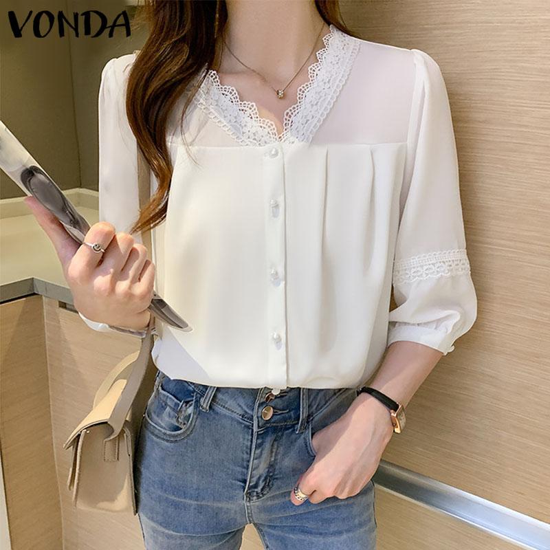 

Женские кружевные однотонные рубашки VONDA с ​​V-образным вырезом, топы