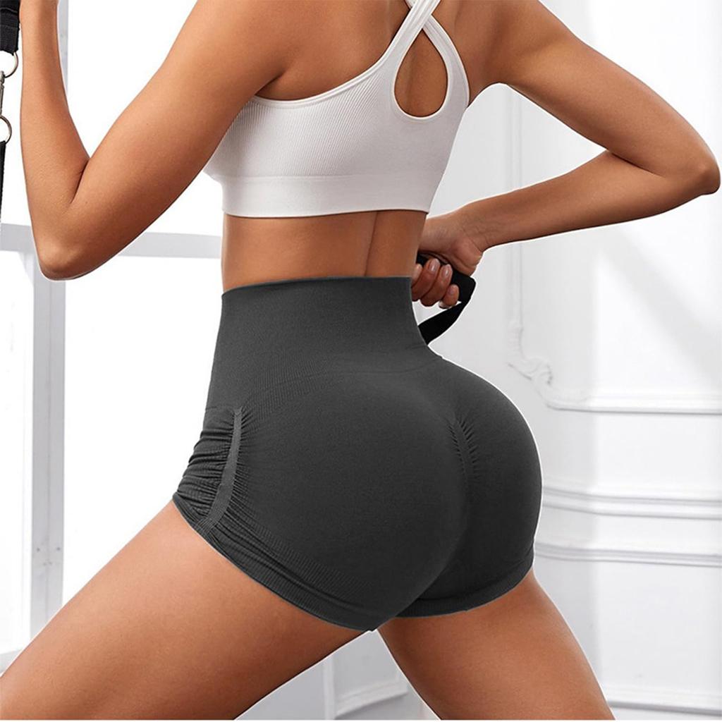 Women's Fashion Solid Color Wrinkled Hip Lifting Yoga Shorts Quick Drying Breathable Sports Fitness Tight High Waist Three Part Yoga Shorts
