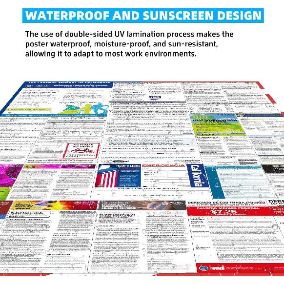 KERMENG 2026 California State and Federal Labor Laws Poster - English & Spanish Combo - OSHA Workplace Compliant - UV Waterproof Laminated 24" x 36"
