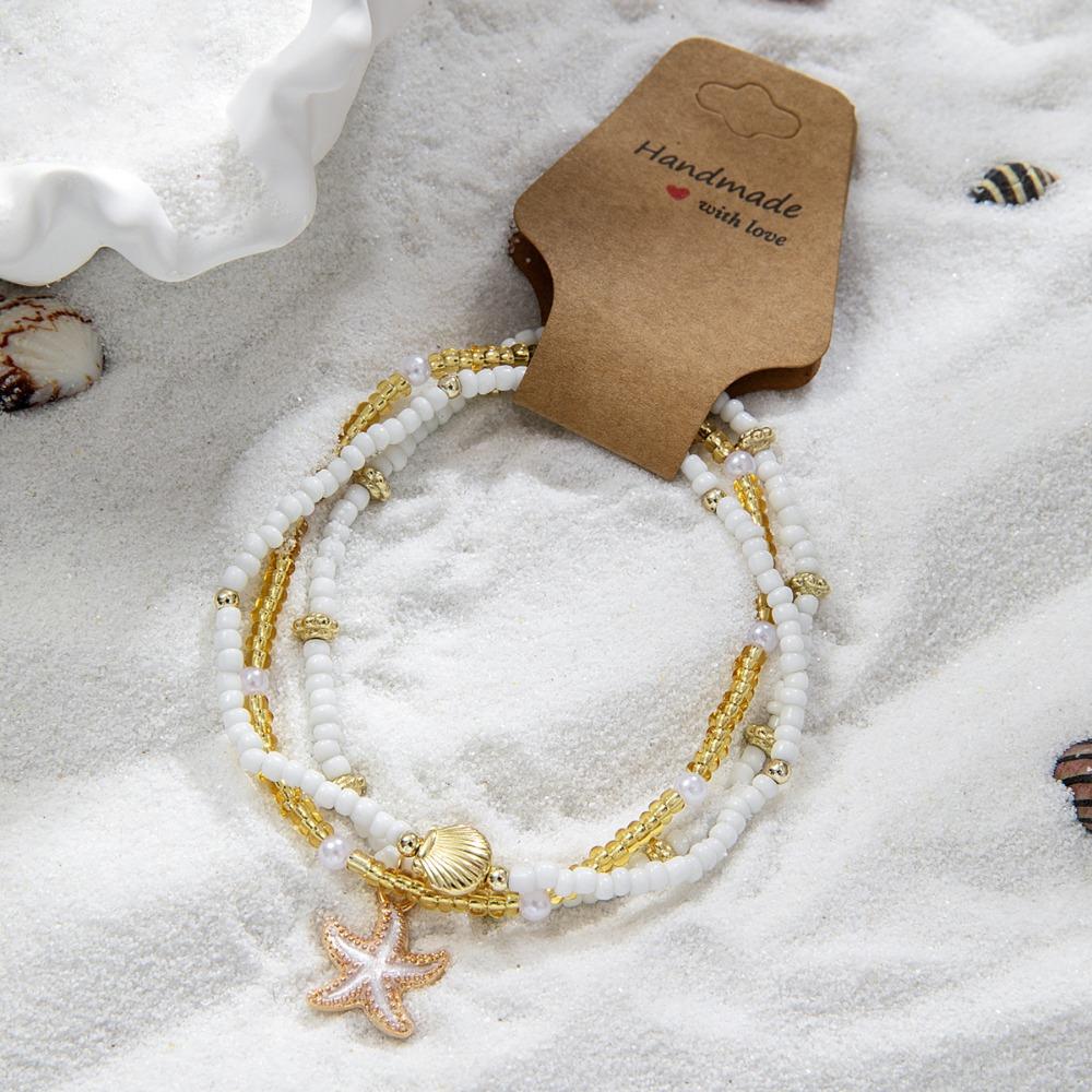 3Pcs/Set Summer Bohemian Style Starfish Rice Beads Shell Anklet Set for Women Multilayer Anklet Vacation Jewelry