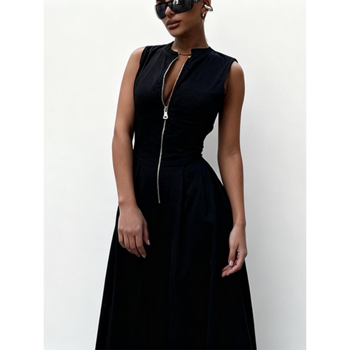 Women s V Neck Sleeveless Maxi Dress Loose High Waist Solid A-Line Office Dress S чёрный