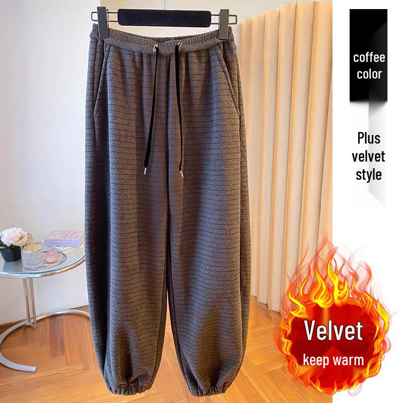 Winter 2025 Striped Maternity Sweatpants with Velvet, Loose Fit, Cuffed, Cropped Carrot Style L