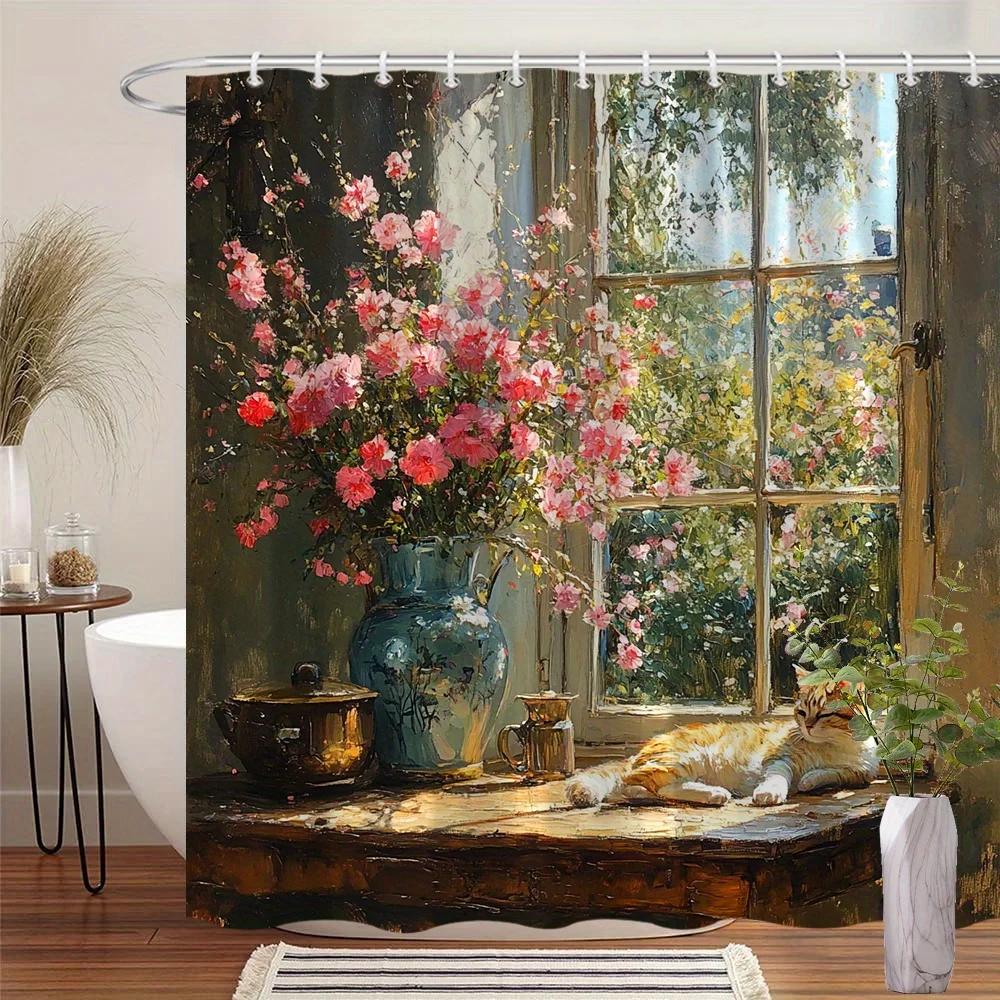 

Sunlit Cat Floral Curtain, Orange Tabby Pink Roses, Wooden Sill, Durable Polyester, 12 Hooks, Cozy Bath Decor, Cat Lover Gift W60H190(CM)-1 Pcs