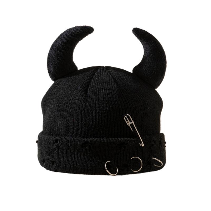 Korean Horn Button Wool Beanie with Devil Ears - Unisex Spring/Autumn Hat