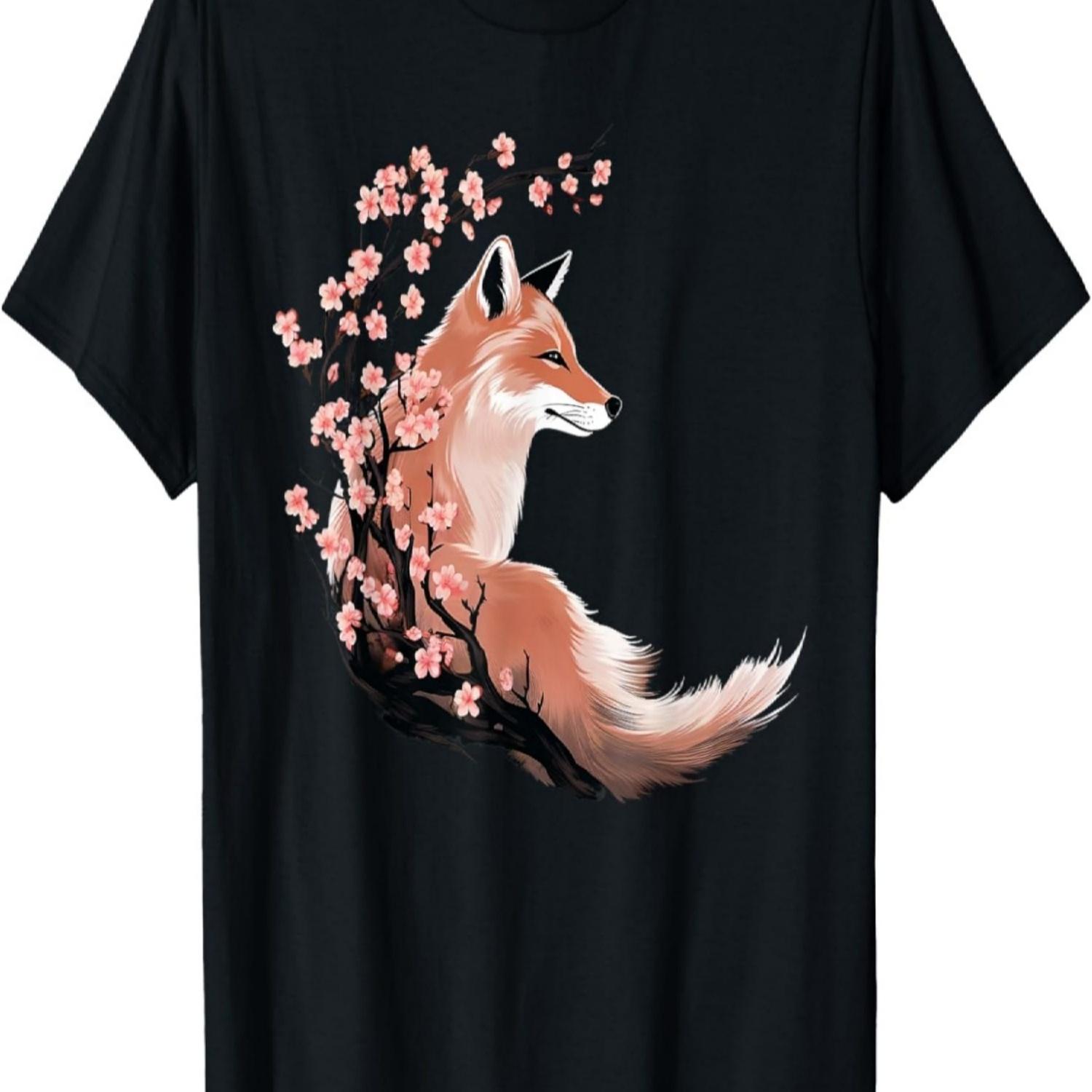 Cute Pink Fox  Cherry Blossom T-Shirt S