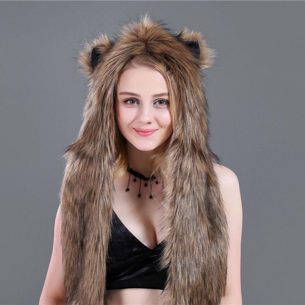 Fluffy Plush Scarf Gloves Hat Set Warm Animal Hat Windproof Winter Cap  Outdoor
