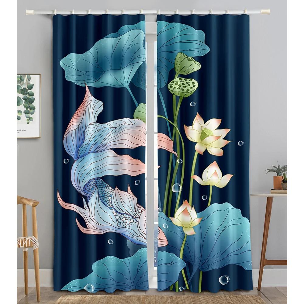 Chinese Tradtional Gold Fish Sea WaveBlackout Window Panel Curtain designed for Living Room Space Bedroom Bathroom Kicthen Door Cupboard Decor Hooks