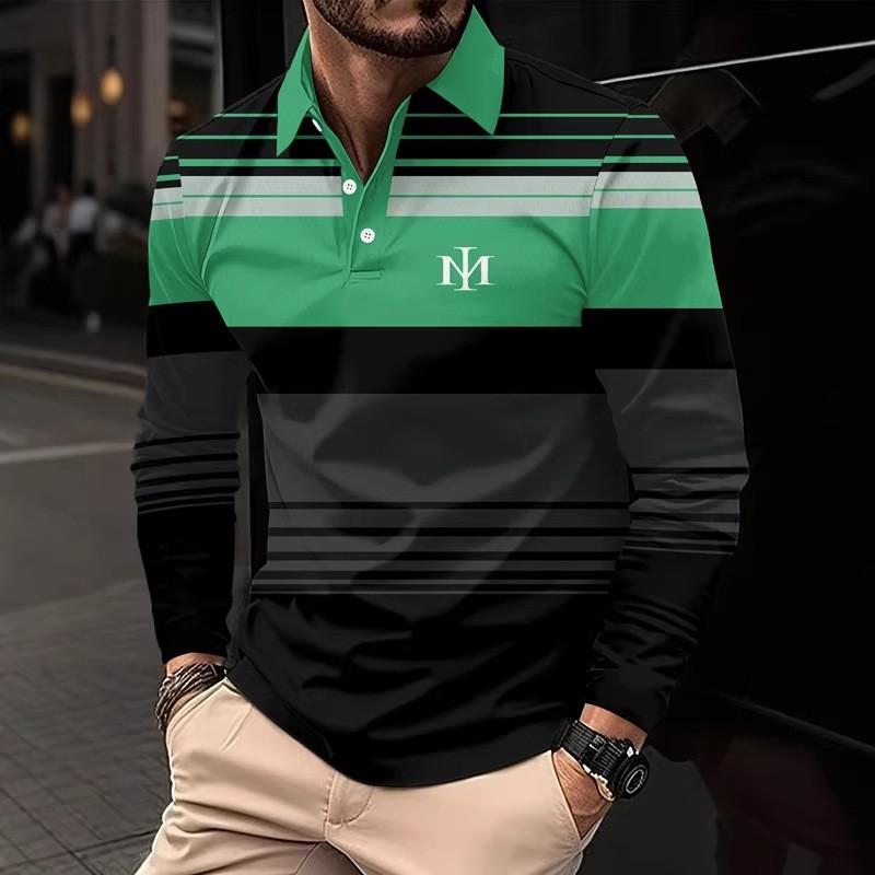 Herrpikétröja, 3D-randigt färgblockstryck, trendig sportig krage, golftröja, herrkläder, långärmad T-shirt, m
