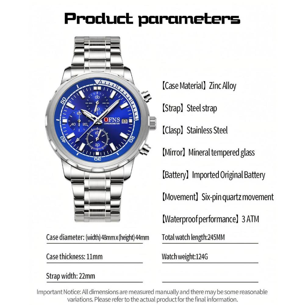 Men's Business and Leisure Watch with Three Eyes Six Needles Quartz Movement Night Light Display Waterproof Wristwatch