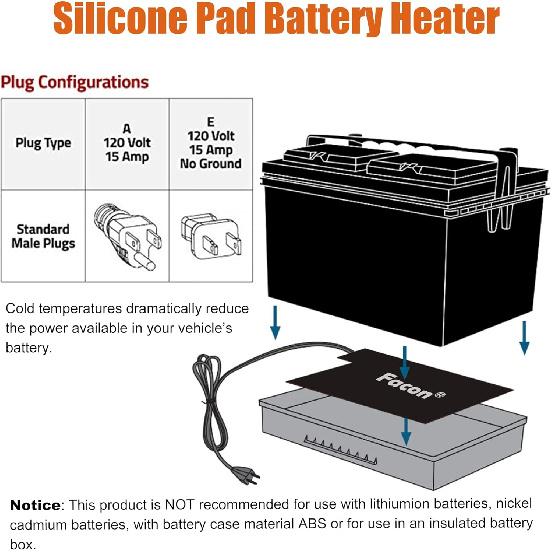Facon 8-1/2'' X 5-1/2'' Silicone Battery Heater Pad With Thermostatically Controlled, Automotive Electric Silicone Battery Warmer Pad, 120V, 60Watts